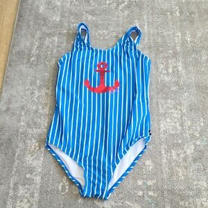 Nautica Blue and White Striped Kids Swim One Piece with Red Anchor